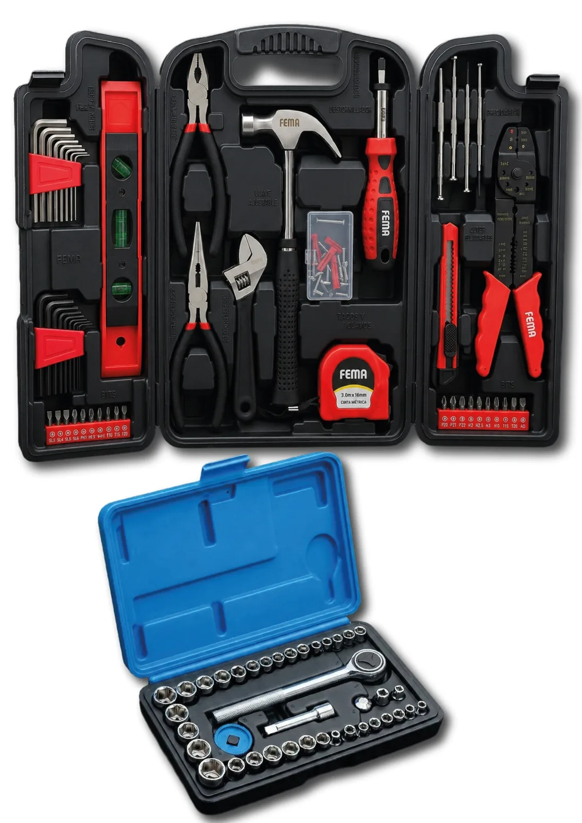 Caja de herramientas Fema 129 + 40 piezas (martillos, pinza, llaves, puntas, tubos, críquet)