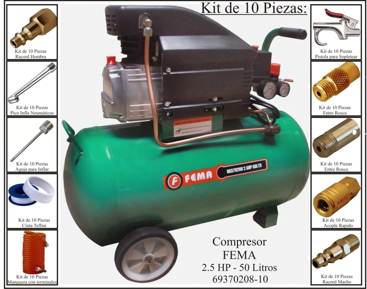 Compresor Fema 2,5 HP 50 L 220V + kit 10 piezas
