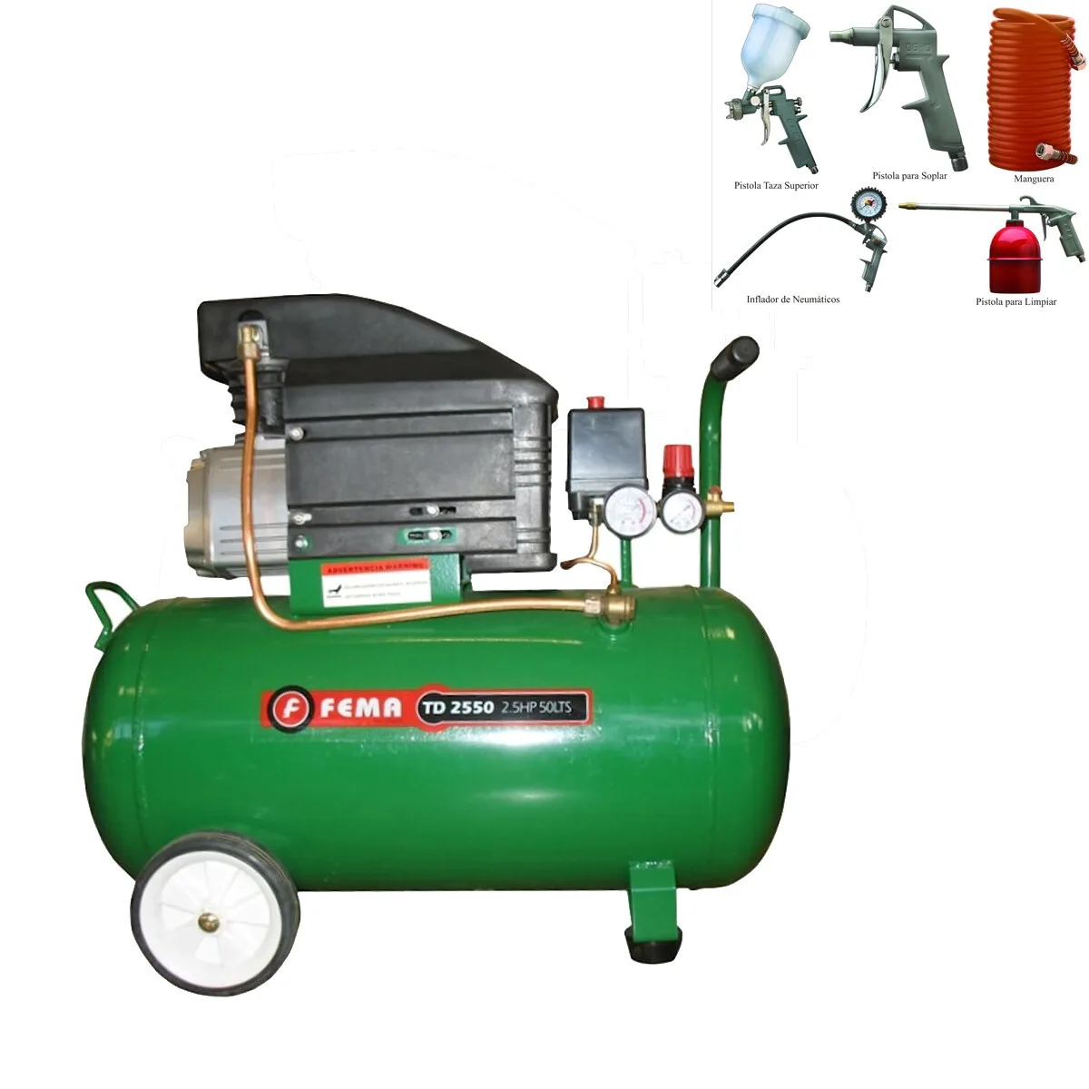 Compresor Fema 2,5 HP 50 L 220V + kit 5 piezas